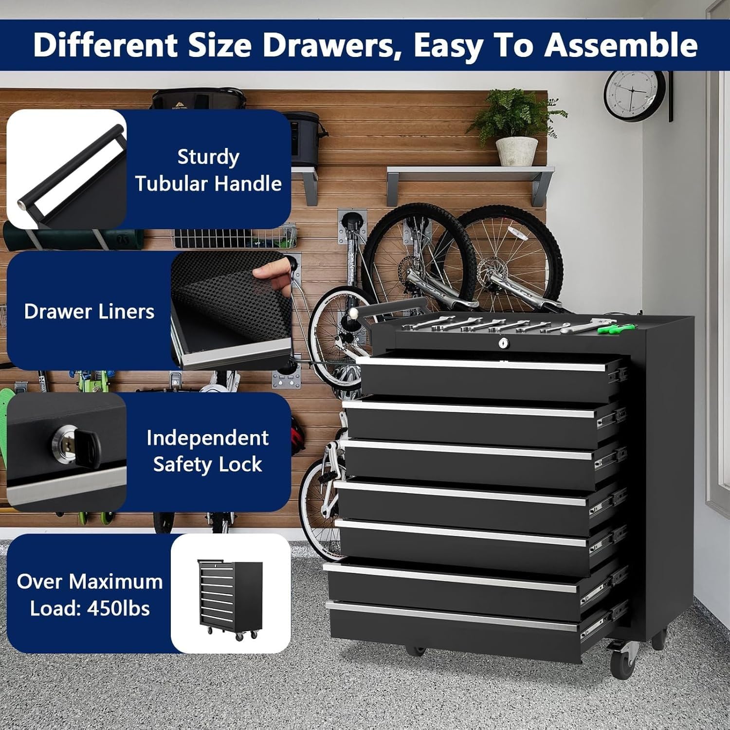 Garvee chariot à outils 5 tiroirs en métal noir, avec roulettes et serrure, pour atelier et garage