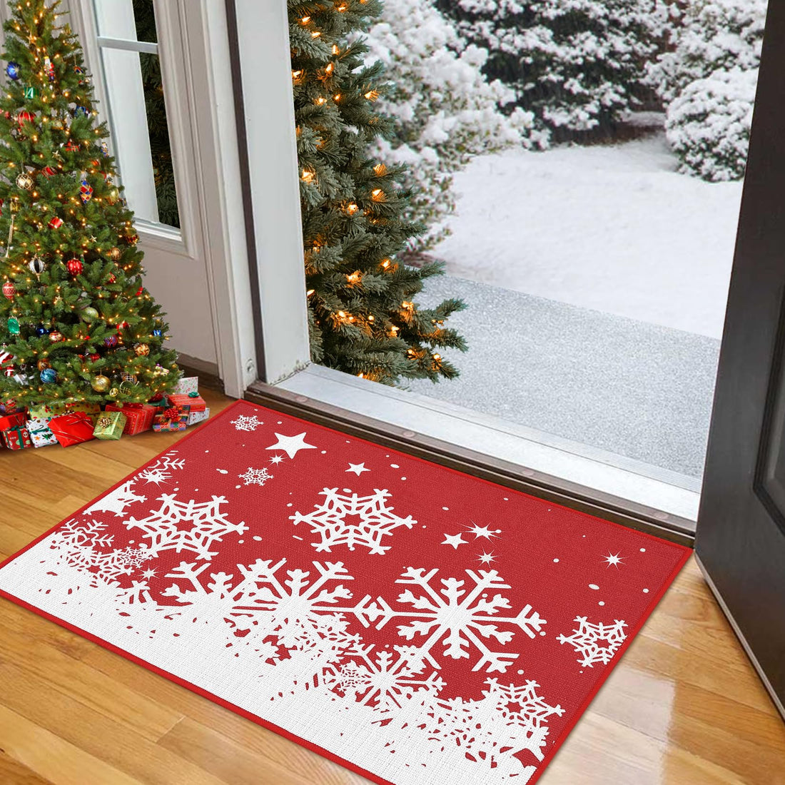 Garvee Alfombra De Salón 100% Poliéster 1900Gsm Antideslizante Base Goma Navidad Copos Nieve Textura Lino Grueso y Fino