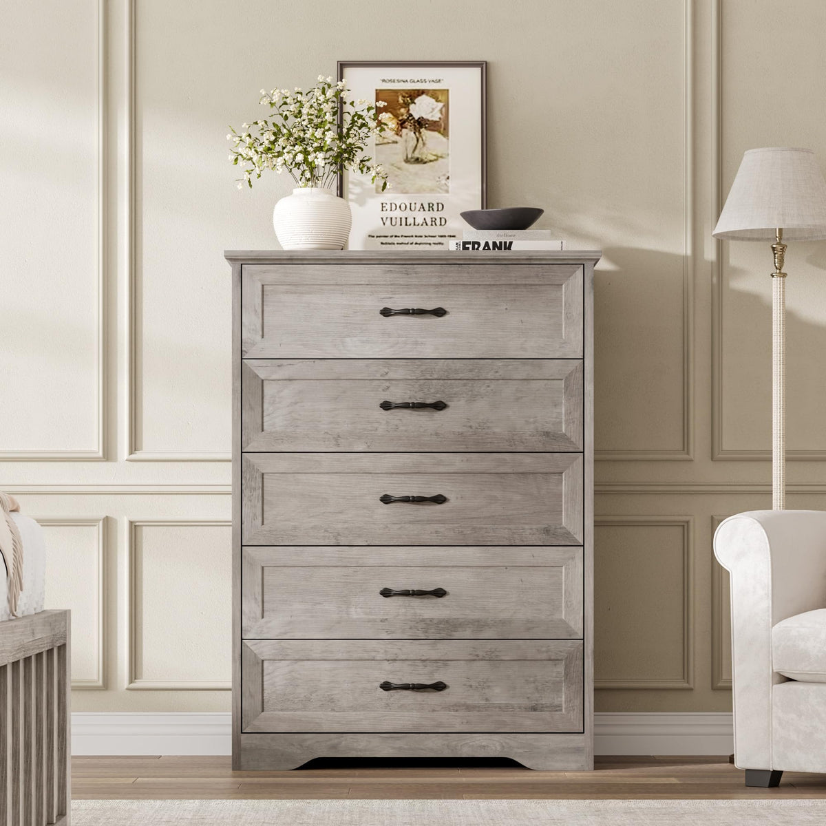 Garvee commode à 5 tiroirs pour la chambre, avec grand espace de rangement et protection anti-basculement, en MDF gris, pour le salon et la chambre d'enfant