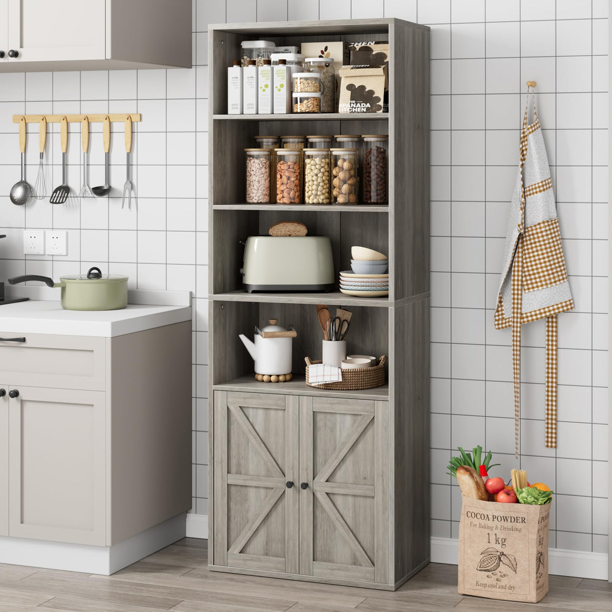 Garvee bibliothèque avec portes, style industriel, 6 étagères, design campagnard, bois, profondeur 30 cm, blanche, pour salon, bureau, chambre