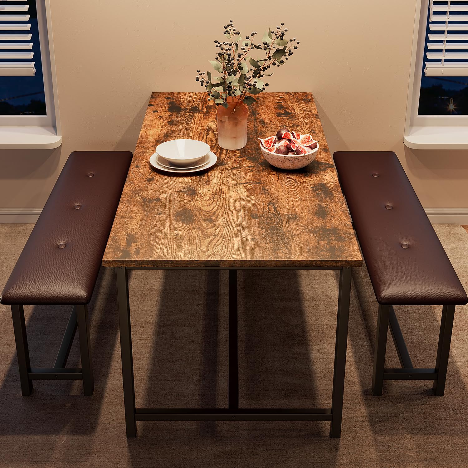 Ensemble table et chaises Garvee pour 4 personnes avec 2 banquettes rembourrées, rectangulaire, robuste en MDF et acier, gain de place, imperméable, idéal pour les petites pièces