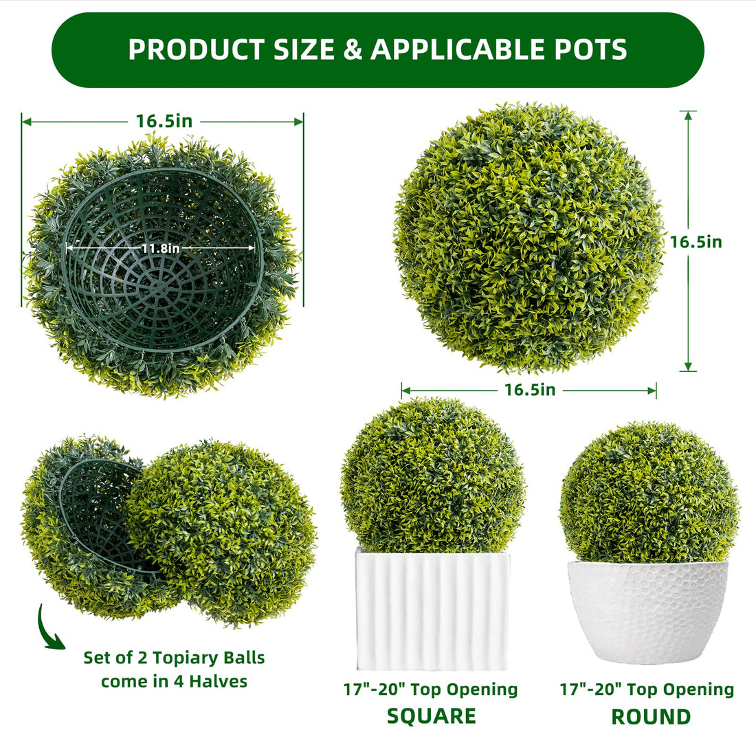 Garvee Lot de 2 boules de buis artificielles 42cm en PE, résistantes aux UV et aux intempéries, pour jardin et mariage, vertes