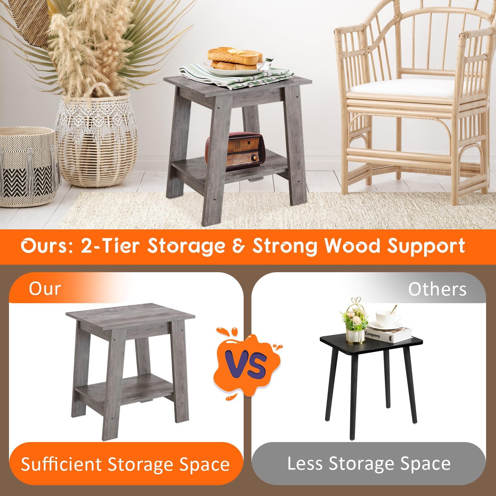 Ensemble de 2 tables d'appoint Garvee – 2 étagères, compactes, en bois et métal, robustes, grises