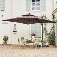 Parasol rectangulaire GARVEE 300 cm x 270 cm avec pied et base inclus, éclairage LED solaire, grand parasol déporté, parasol de terrasse, rotation à 360°, résistant au vent, pour jardin, terrasse et usage extérieur, marron