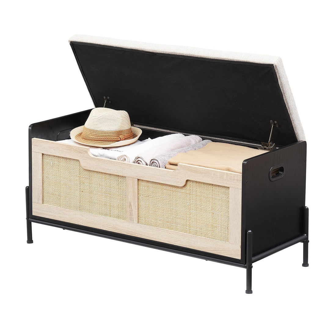 Banc de rangement en rotin Garvee 39,4 po avec coussin d'assise, 2 charnières de sécurité, coffre de rangement, banc à chaussures, chêne et noir pour salon et couloir