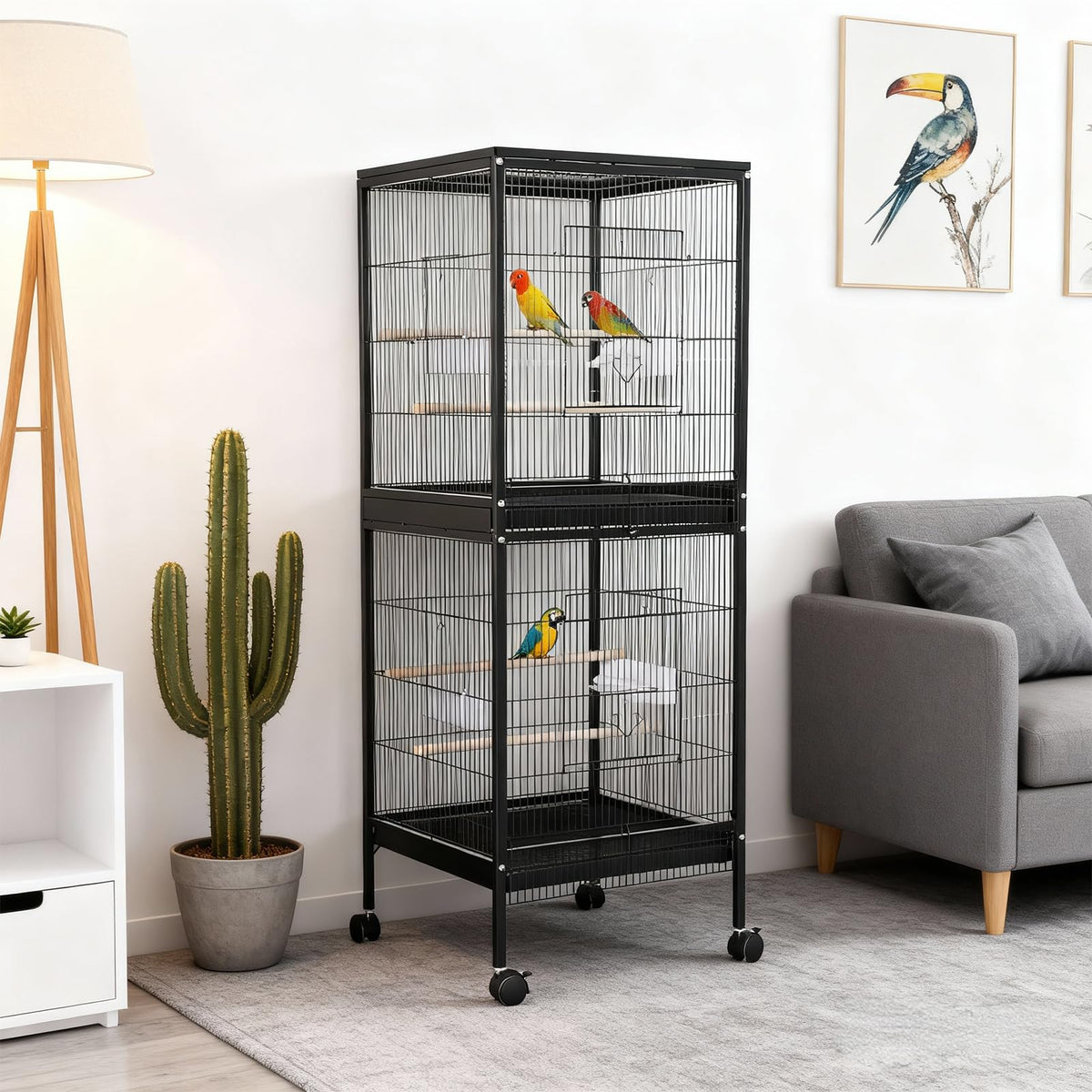 Cage à oiseaux Garvee 55" avec perchoirs en bois, métal, 4 portes, roulettes, pour oiseaux de petite et moyenne taille, usage domestique et vétérinaire, grande taille, noire