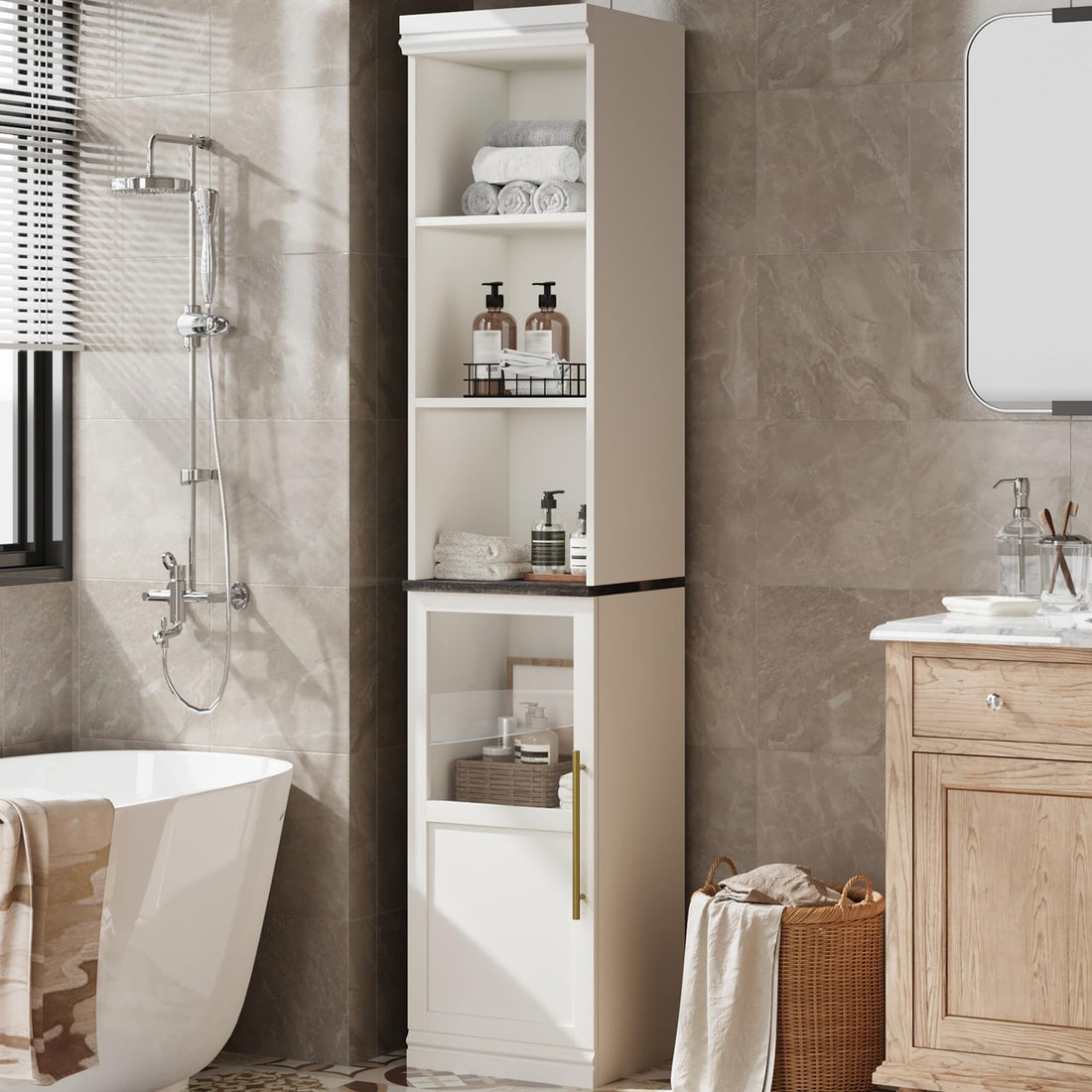 Garvee Colonne de rangement salle de bain 178cm, meuble étroit autoportant avec porte et étagères ouvertes, pour petits espaces