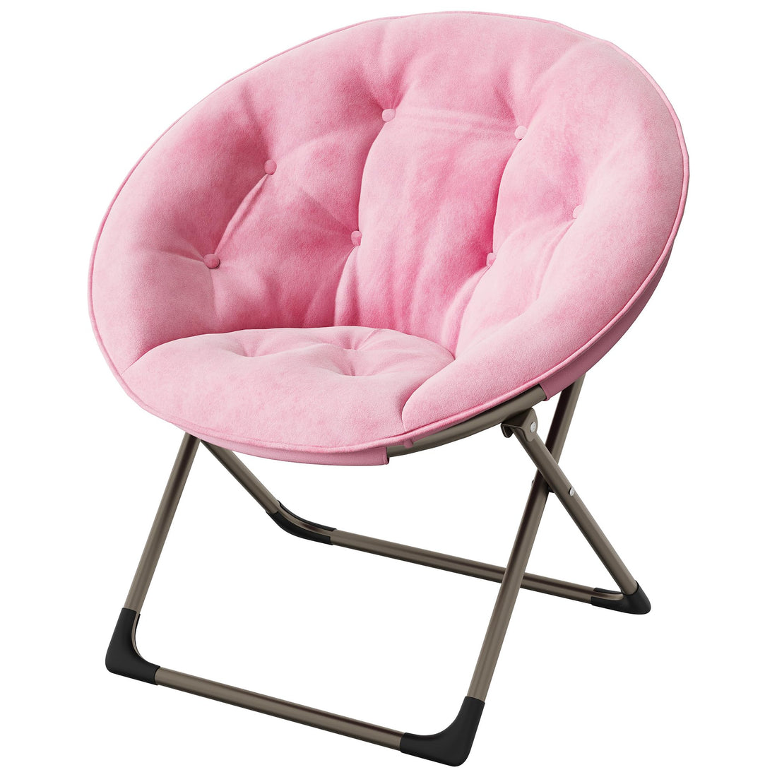 Fauteuil rond Garvee en fausse fourrure, style lune, avec structure métallique pliable, idéal pour la chambre et le salon. Assise surdimensionnée en peluche à motifs floraux. Robuste, léger et confortable.