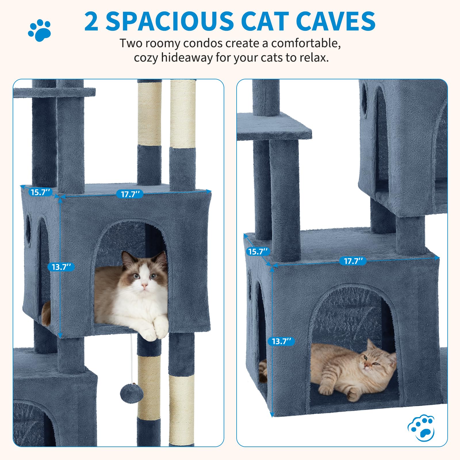 Garvee Arbre à Chat 155 cm Multi-Niveaux pour Grands Chats et Maine Coon, Grande Plateforme, 2 Niches, Sisal Naturel, Intérieur