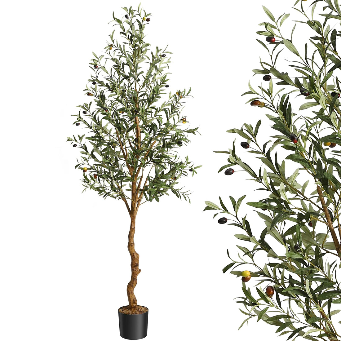 Garvee Olivier artificiel 183 cm en soie synthétique, tronc en bois naturel et PE, fruits réalistes, montage facile, déco maison réaliste