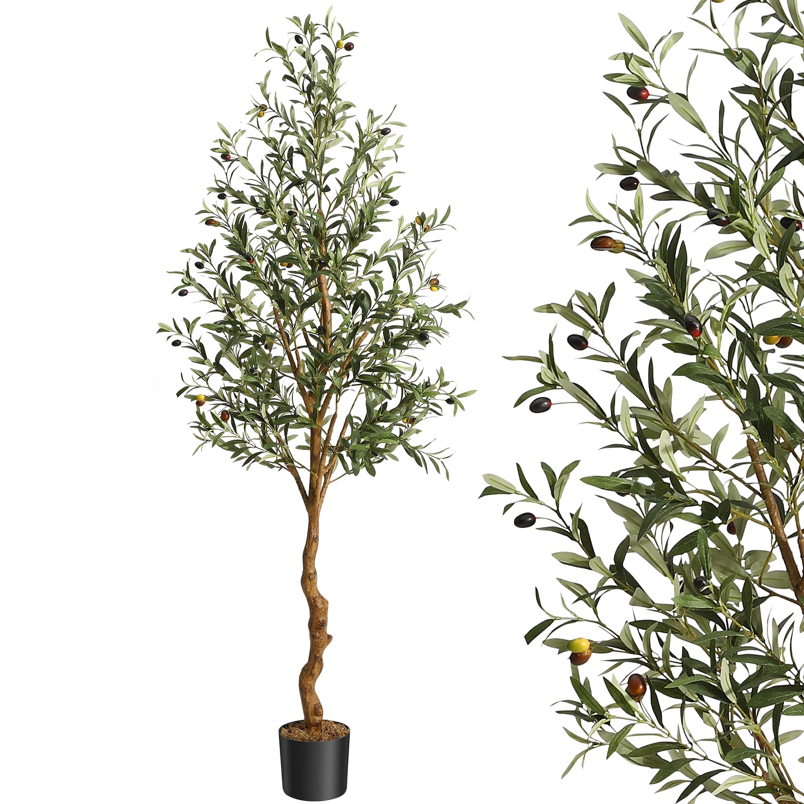 Garvee Olivier artificiel 183 cm en soie synthétique, tronc en bois naturel et PE, fruits réalistes, montage facile, déco maison réaliste