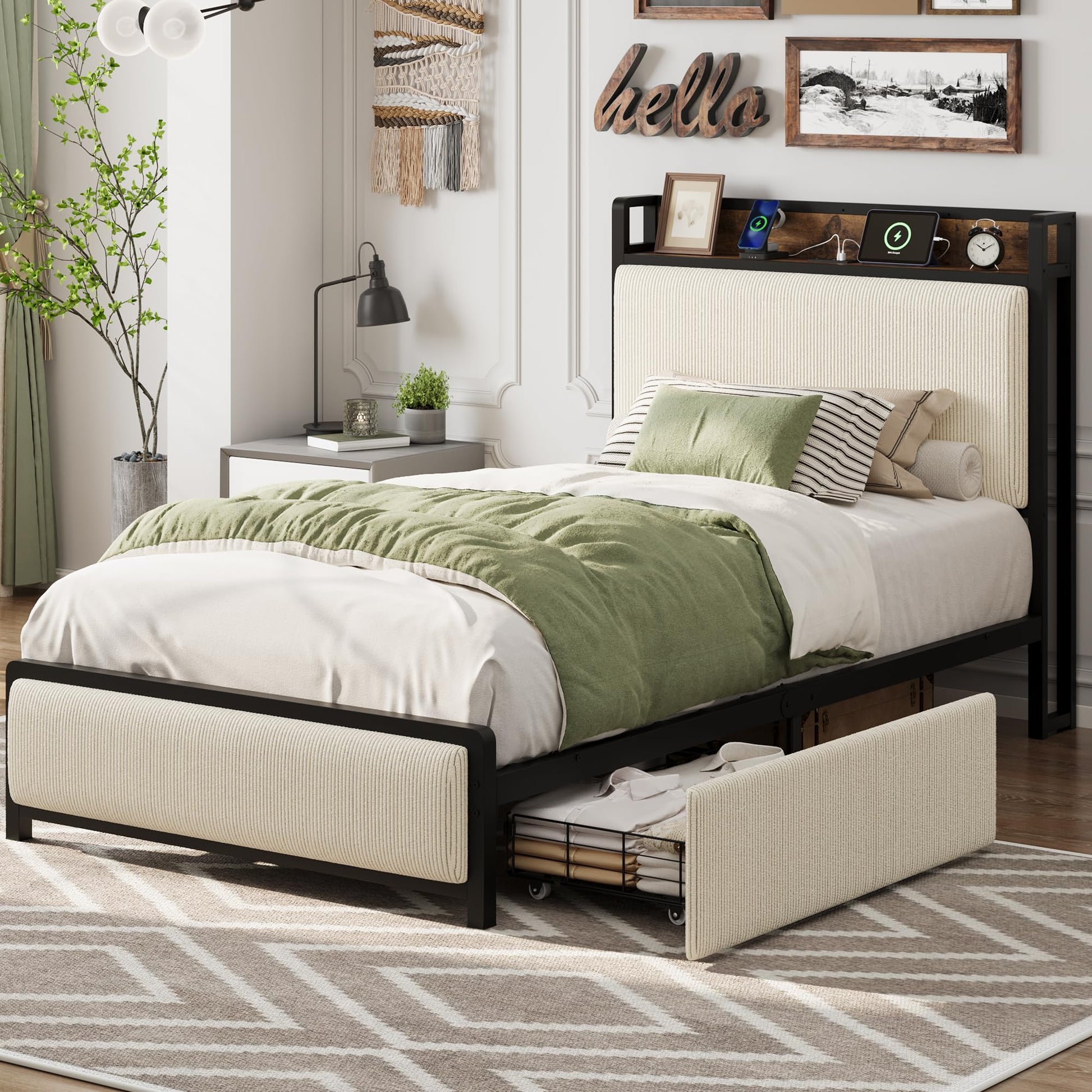 Cadre de lit Garvee pour lit simple avec 2 tiroirs et station de recharge pour chambre à coucher, beige, silencieux, structure en métal, revêtement en velours