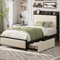 Cadre de lit Garvee pour lit simple avec 2 tiroirs et station de recharge pour chambre à coucher, beige, silencieux, structure en métal, revêtement en velours
