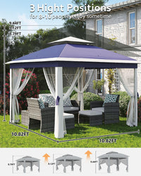 Garvee Tonnelle Pliante 335 x 335 cm avec Moustiquaire, Résistante à l’Eau et aux UV, Cadre Métal Anticorrosion, 3 Hauteurs