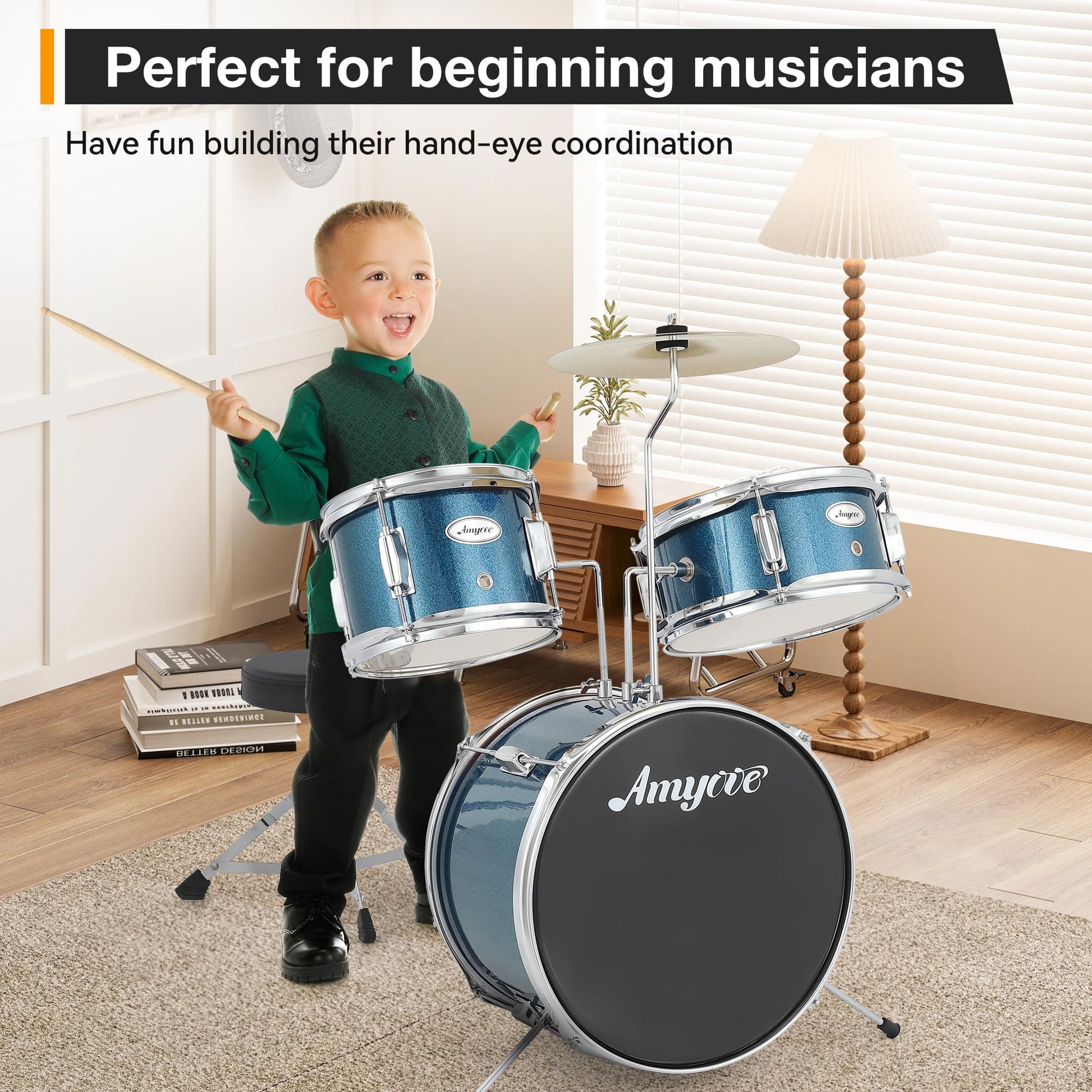 Batterie Garvee 3 pièces pour débutants avec grosse caisse de 14 pouces, tom de 10 pouces, bleue, en bois, tabouret inclus, idéale pour les enfants