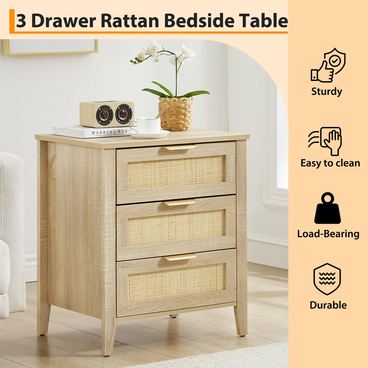 Garvee Table de chevet en rotin avec 3 tiroirs en osier naturel, structure en bois robuste pour chambre et salon, style moderne et polyvalent, Chêne
