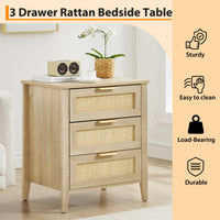 Garvee Table de chevet en rotin avec 3 tiroirs en osier naturel, structure en bois robuste pour chambre et salon, style moderne et polyvalent, Chêne