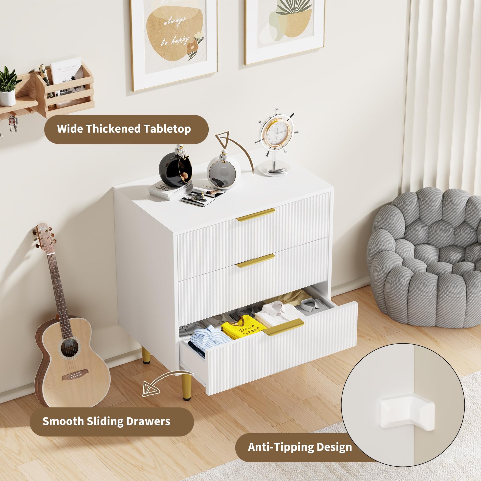 Commode cannelée Garvee, 3 à 6 tiroirs, bois MDF, poignées et pieds en métal, blanc, noir, naturel, vert, style moderne et minimaliste, pour chambre ou salon.