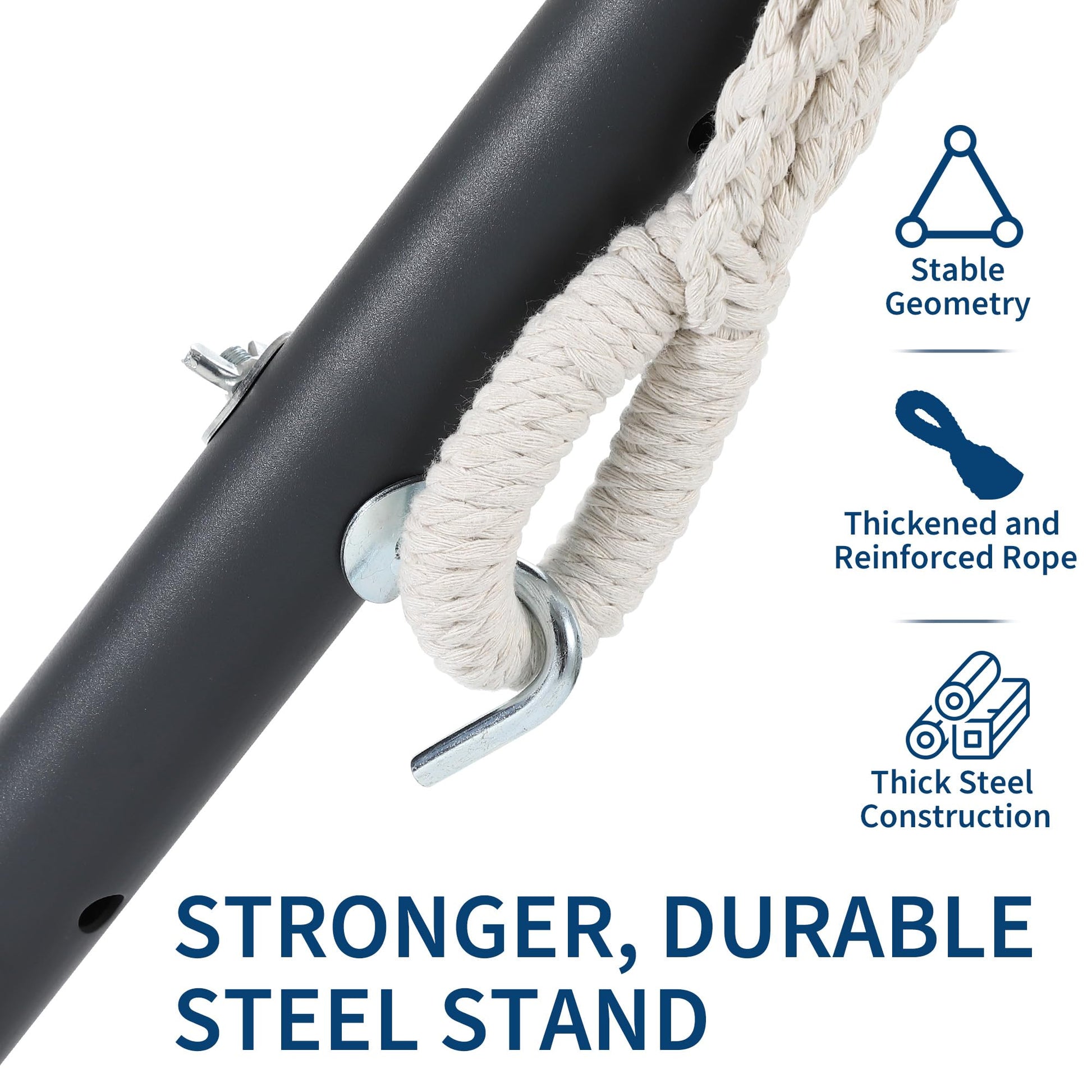 Hamac double Garvee avec structure en acier, en coton confortable, portable, à rayures bleues et blanches, pour une utilisation intérieure et extérieure, capacité de charge de 204 kg
