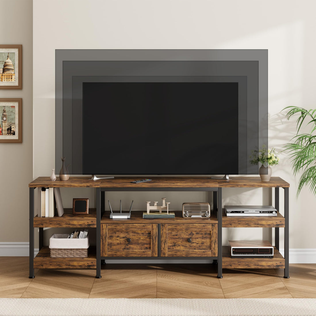 Meuble TV rustique Garvee 63" pour téléviseurs jusqu'à 65" avec 2 tiroirs et étagères ouvertes, style industriel, marron, pour salon et bureau