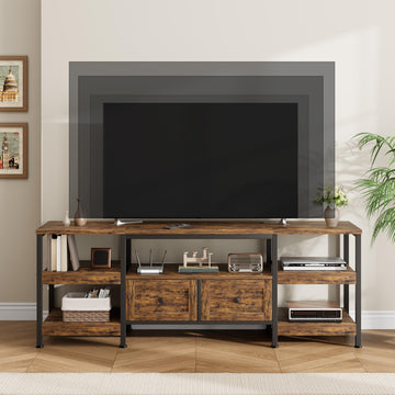 Meuble TV rustique Garvee 63" pour téléviseurs jusqu'à 65" avec 2 tiroirs et étagères ouvertes, style industriel, marron, pour salon et bureau
