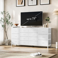 Garvee Meuble TV blanc 160 cm avec 14 tiroirs, prises électriques, pour chambre et salon, en tissu et bois, durable et anti-basculement