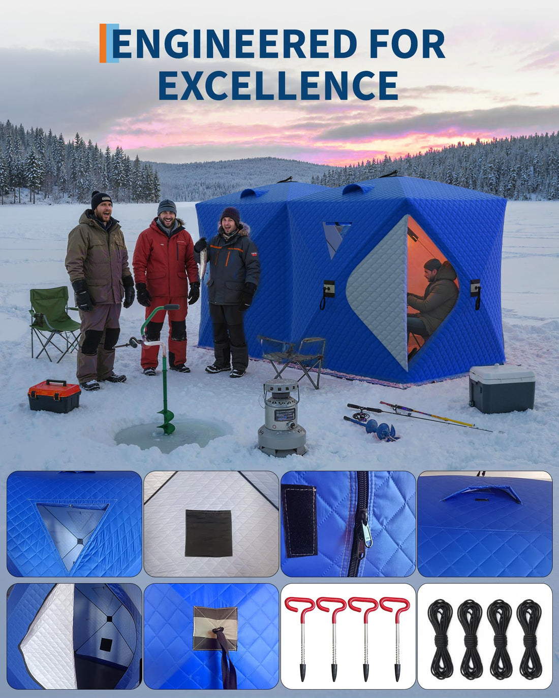 Tente de pêche sur glace Garvee Pop-Up, tissu Oxford 210D, isolée, coupe-vent, pour 6 à 8 personnes, pêche hivernale, avec ancres et cordes