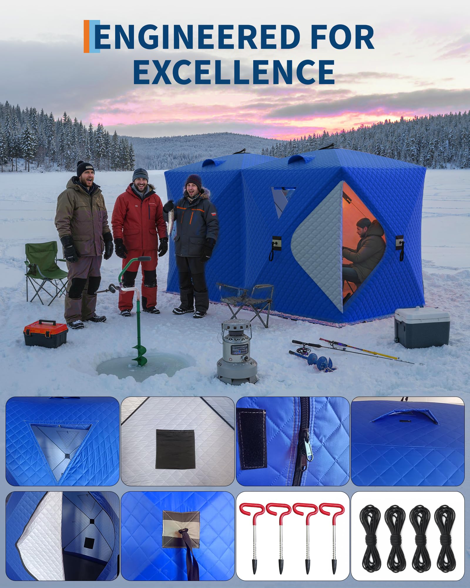 Tente de pêche sur glace Garvee Pop-Up, tissu Oxford 210D, isolée, coupe-vent, pour 6 à 8 personnes, pêche hivernale, avec ancres et cordes