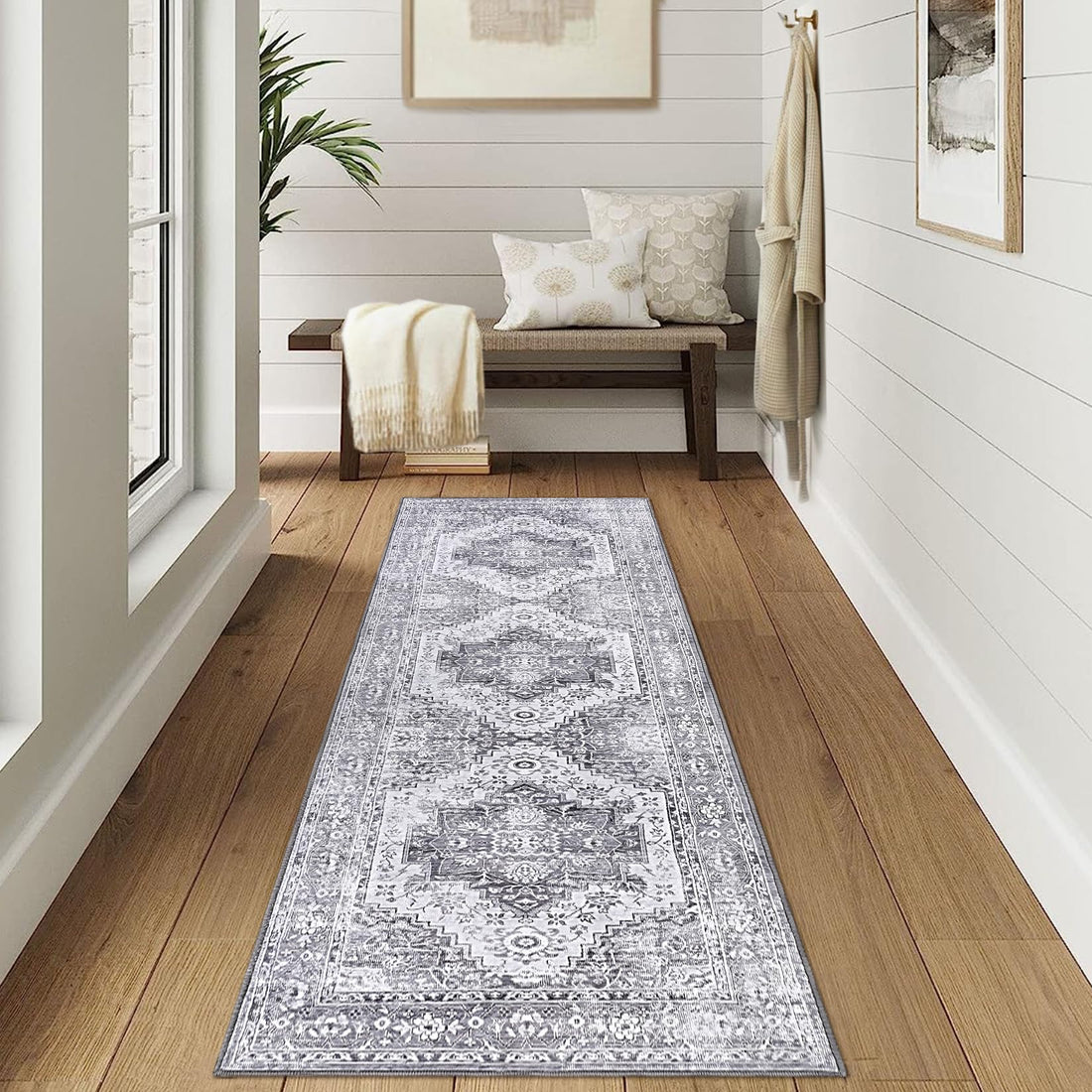 Tapis Garvee grand format 200x290cm antidérapant et antitache, style vintage gris, pour salon et chambre