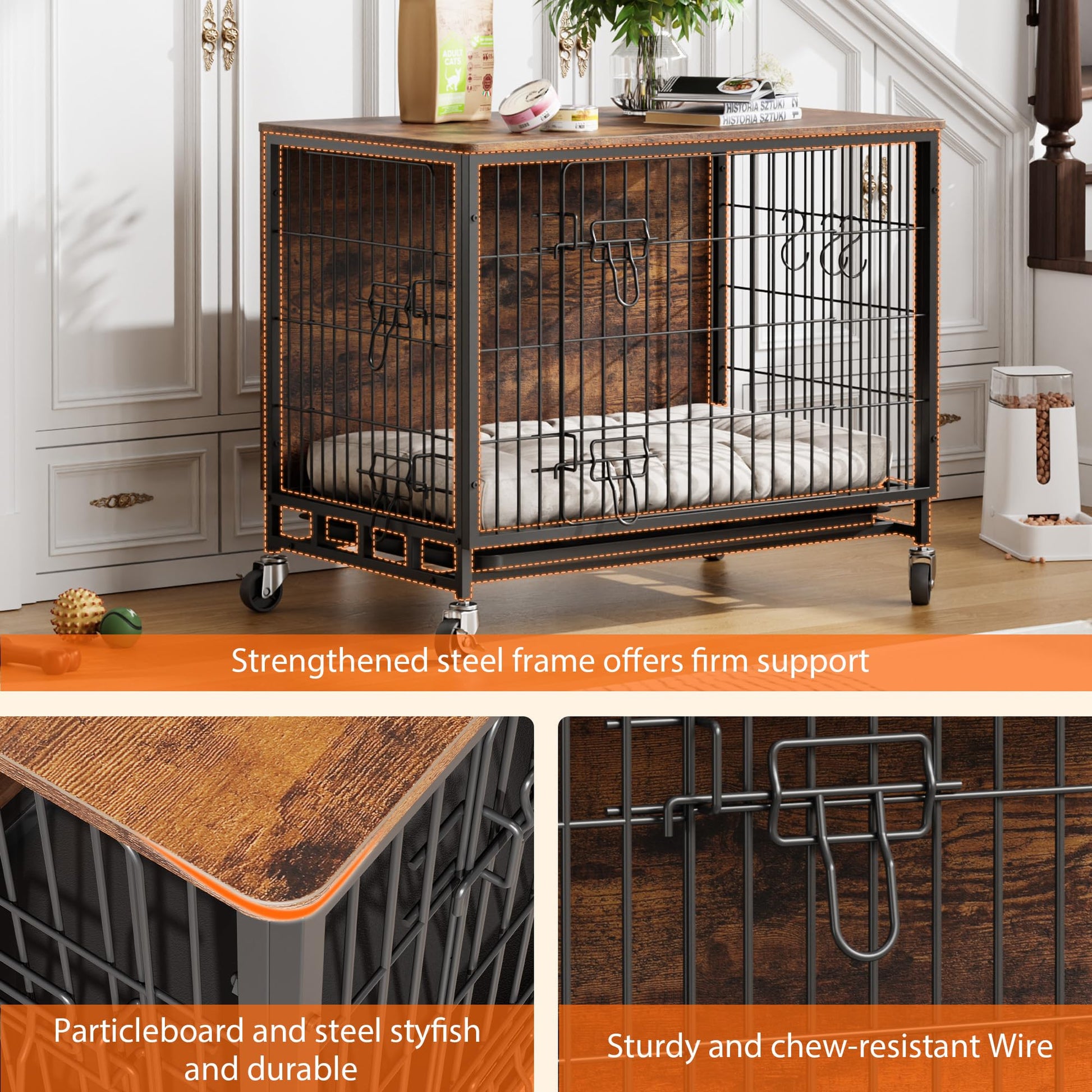 Meuble de cage pour chien Garvee 98 cm (38,6 po) en bois avec roulettes et double porte pour grands chiens d'intérieur, stable, mobile, antidérapant, en bois aggloméré