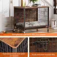 Meuble de cage pour chien Garvee 98 cm (38,6 po) en bois avec roulettes et double porte pour grands chiens d'intérieur, stable, mobile, antidérapant, en bois aggloméré