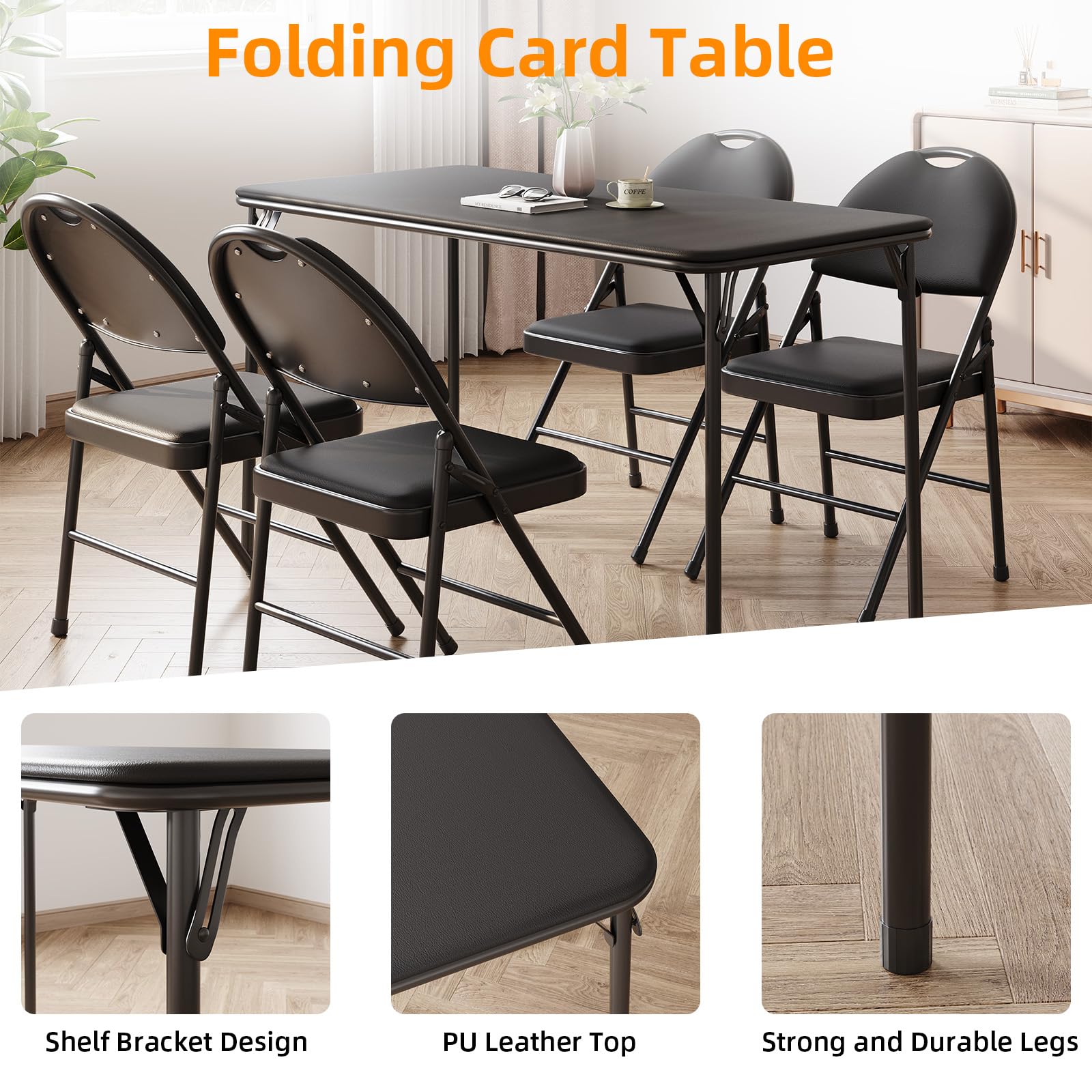 Table pliante Garvee à 4 pieds avec pieds en métal, plateau en cuir PU, robuste pour une utilisation intérieure et extérieure, noire, gain de place