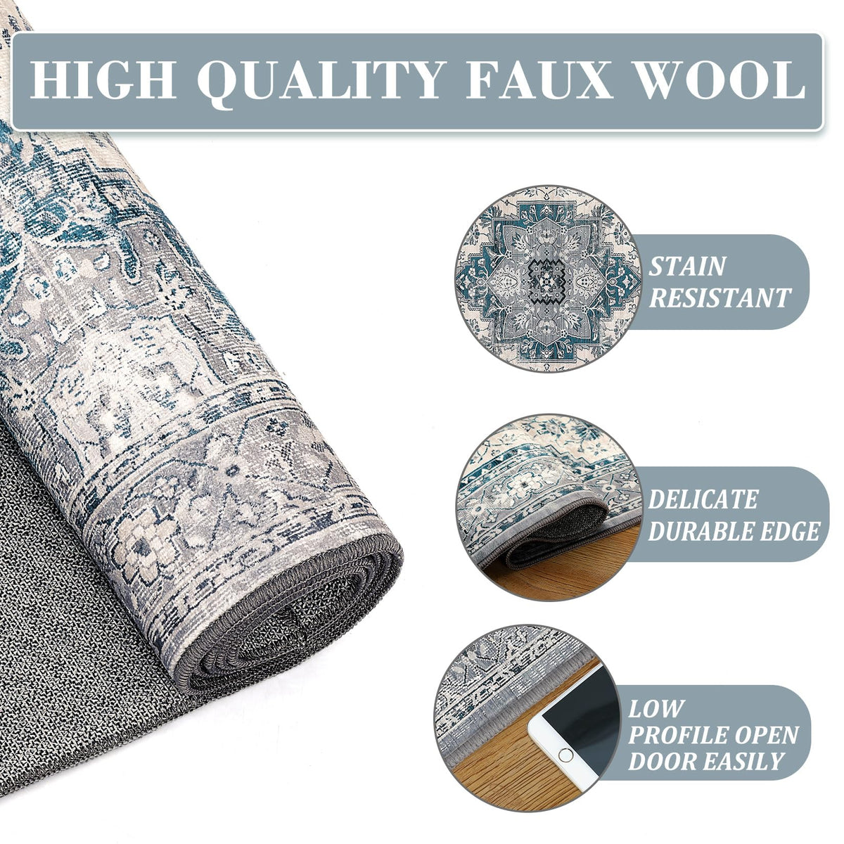 Tapis Garvee lavable en machine pour salon et chambre, antidérapant, résistant aux taches, 80 x 150 cm, bleu-gris