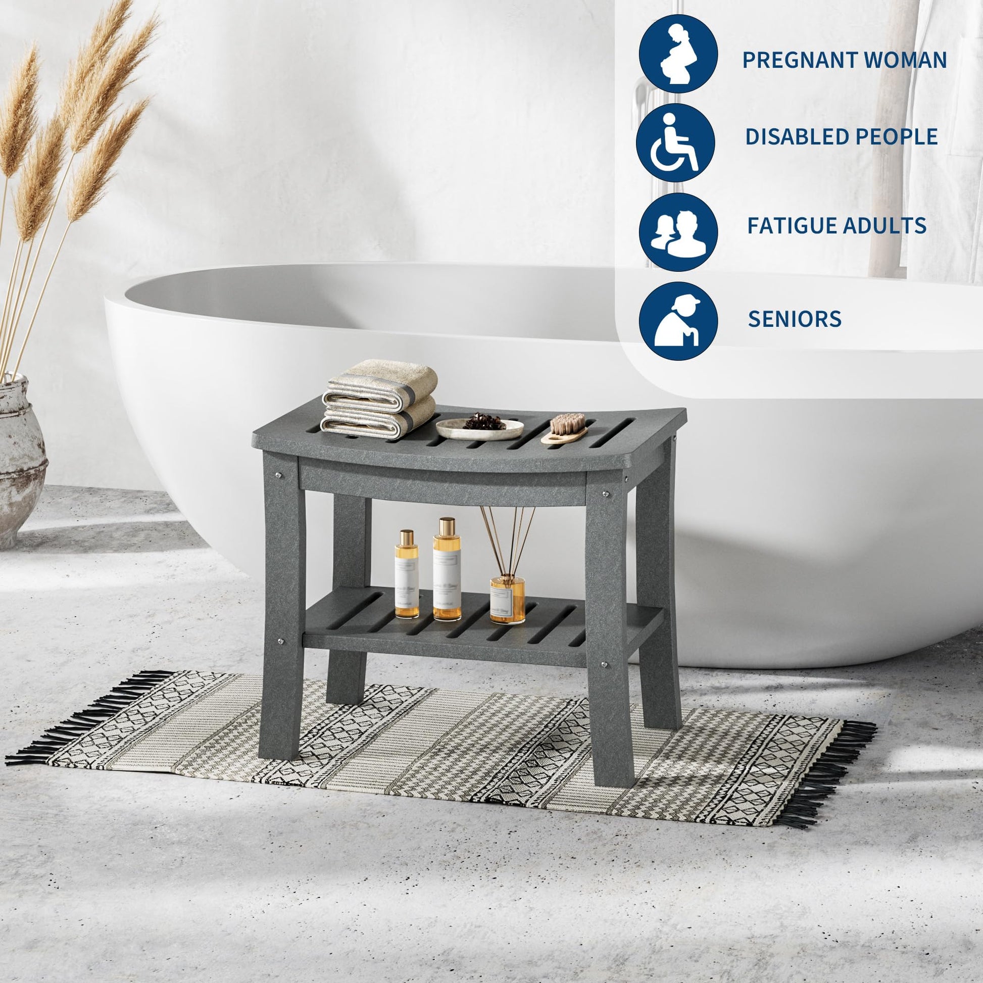 Banc de douche Garvee en PEHD avec étagère pour salle de bain et baignoire, aspect bois, imperméable, facile à nettoyer