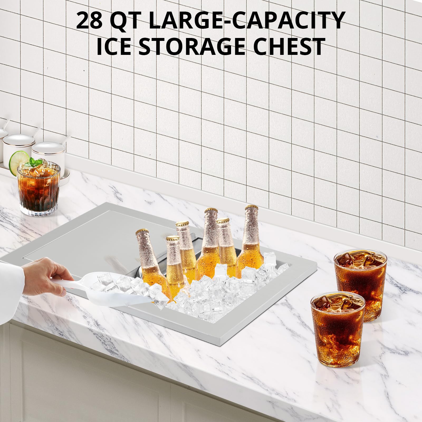 Garvee Bac à glace encastrable 26 L en acier inoxydable 304, couvercle coulissant, 45 × 30 × 35 cm, pour bar et barbecue extérieur, noir et argenté
