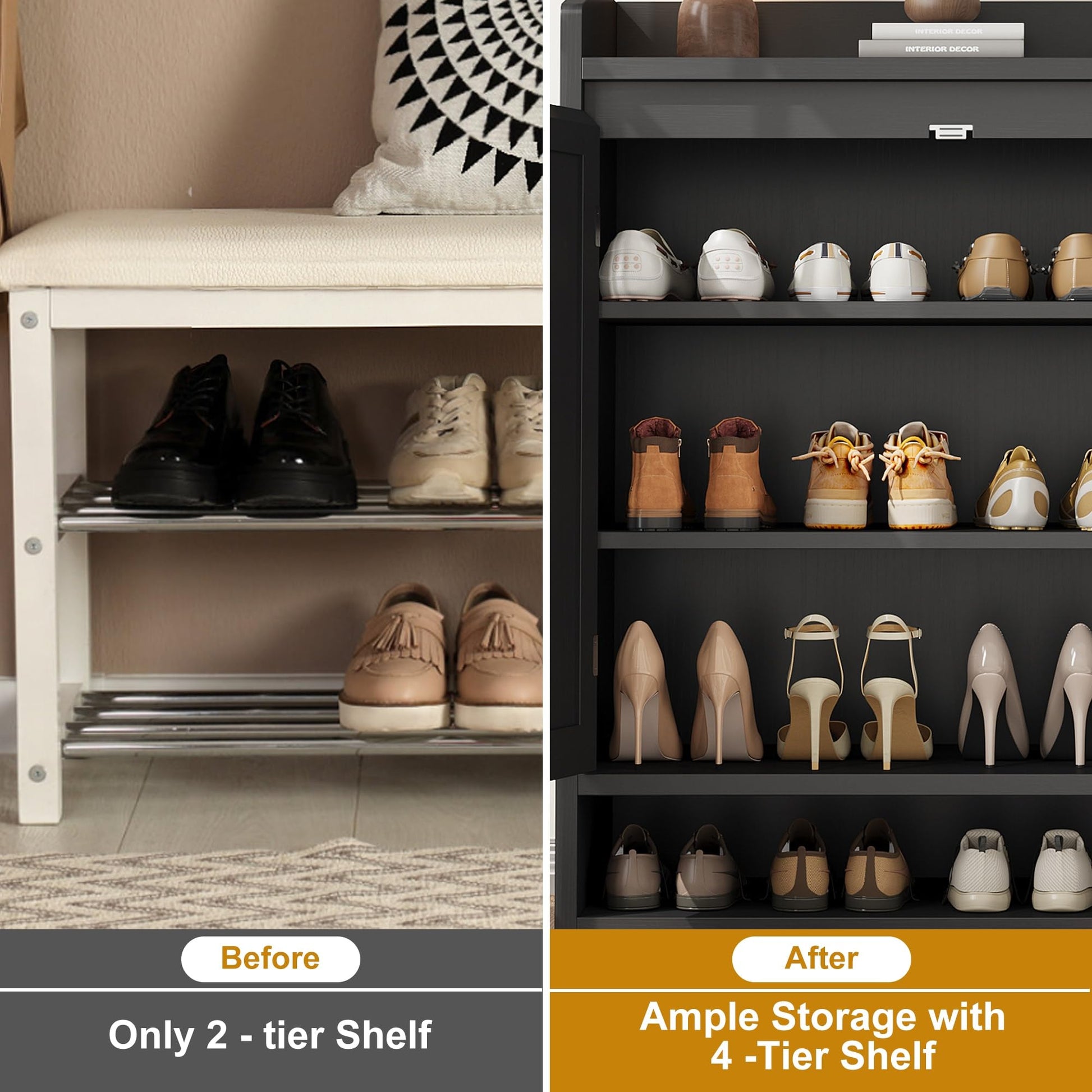 Garvee meuble à chaussures en rotin avec 2 portes, étagères réglables, 5 niveaux, MDF, noir, pour entrée et salon