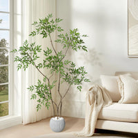 Plante Nandina artificielle Garvee de 1,5 m avec pot en céramique grise, idéale pour la décoration intérieure du salon ou du bureau. Entretien facile, feuilles réalistes.