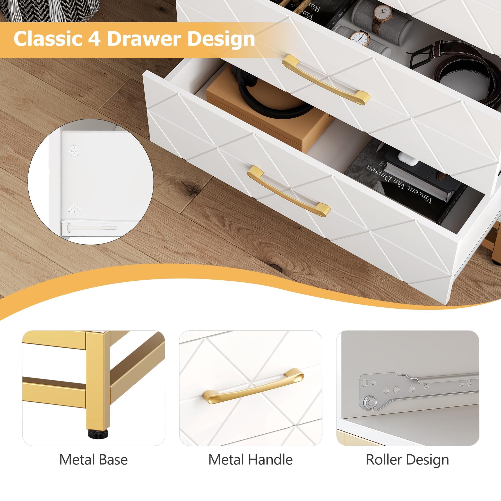 Commode Garvee pour chambre à coucher, 4 tiroirs, style moderne, poignées en métal, structure en MDF, blanche, robuste, grand espace de rangement, idéale pour le bureau ou le salon.