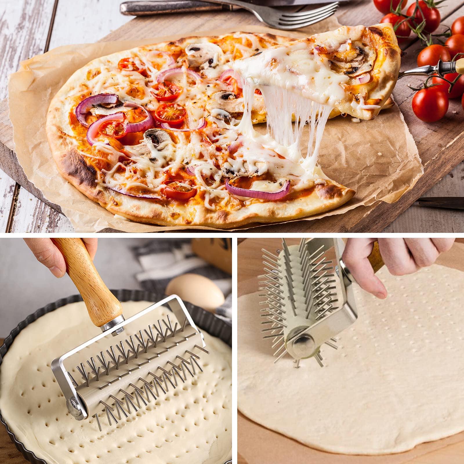 Garvee, emporte-pièce à pizza en acier inoxydable avec manche en bois, pour pizzerias et boulangeries, 20,5 x 13,3 x 5 cm, argent.