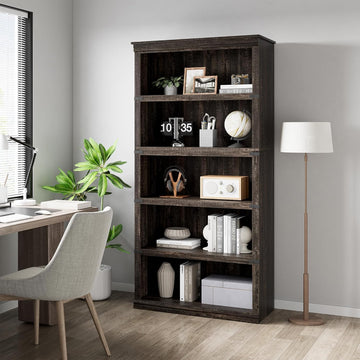 Étagère en bois Garvee à 5 niveaux (3+2 étagères), style ferme, en MDF et bois massif, marron, idéale pour le salon ou le bureau.