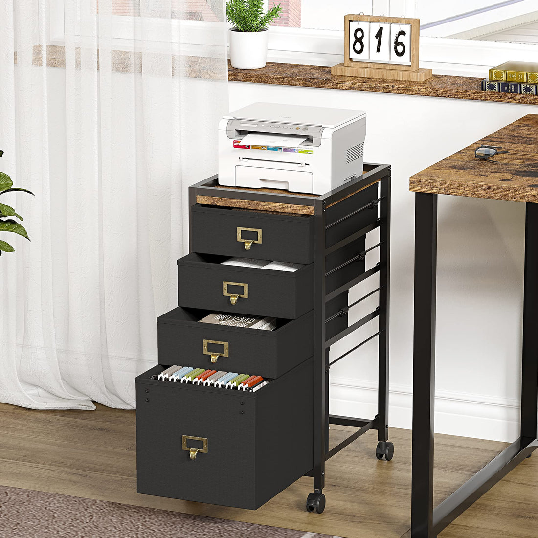 Garvee Caisson de classement mobile 4 tiroirs en tissu, cadre métal, plateau MDF, imperméable et anticorrosion, roulettes, idéal bureau maison