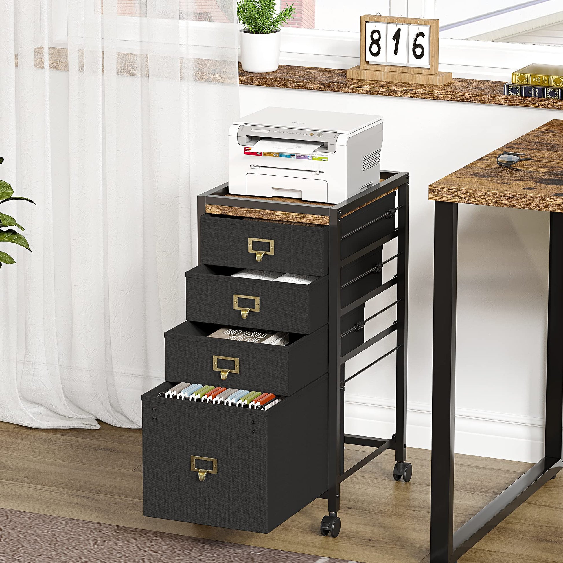 Garvee Caisson de classement mobile 4 tiroirs en tissu, cadre métal, plateau MDF, imperméable et anticorrosion, roulettes, idéal bureau maison.