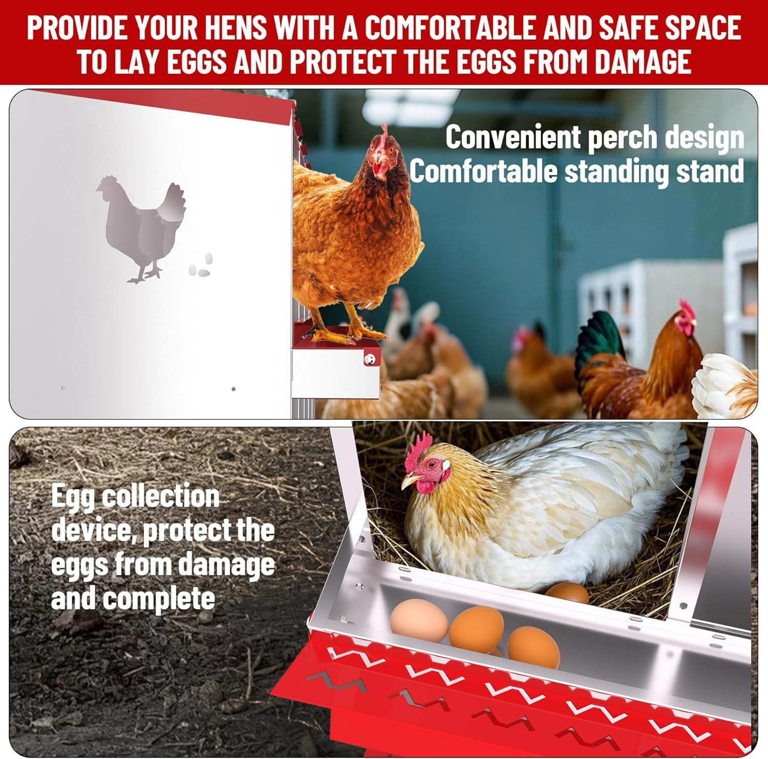 Garvee pondoir pour poules à 8 compartiments avec support métallique, acier galvanisé de 0,7 mm, système de collecte des œufs par roulement, perchoir et couvercle sécurisé, résistant aux intempéries, idéal pour poulaillers et fermes, rouge