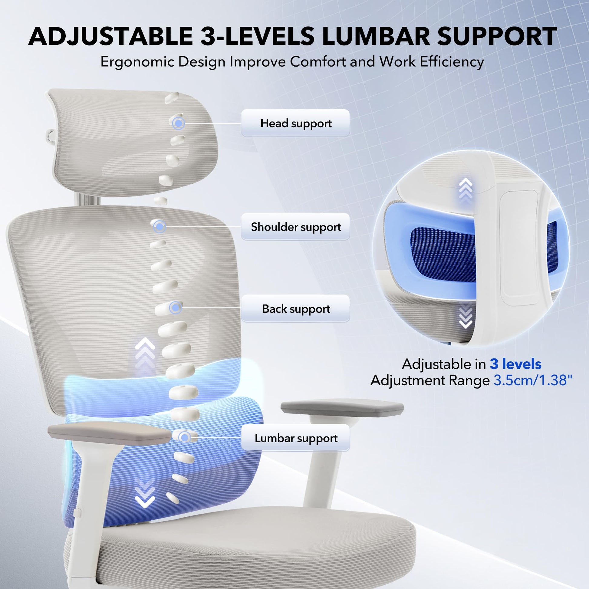Chaise de bureau ergonomique Garvee en maille avec soutien lombaire réglable, accoudoirs 3D, structure en métal, dossier haut, pivotante, pour bureau et télétravail, noire