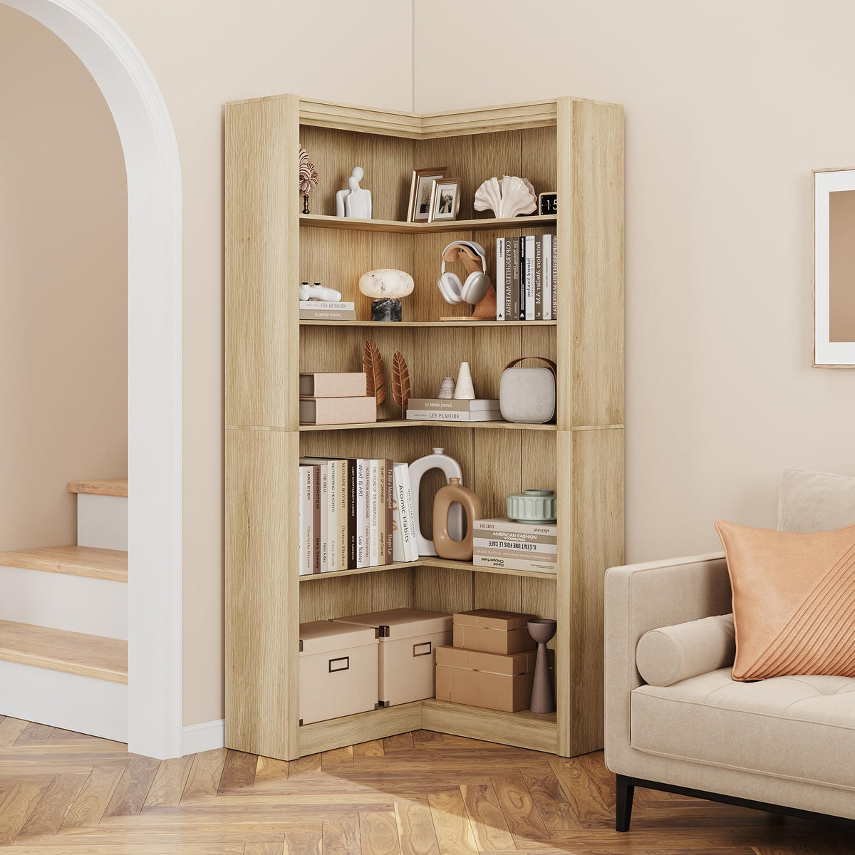 Garvee Bibliothèque d’Angle 182 cm Style Ferme, 5 Niveaux, Grand Rangement en L, Étagère Robuste en Bois pour Salon, Chambre et Bureau à Domicile