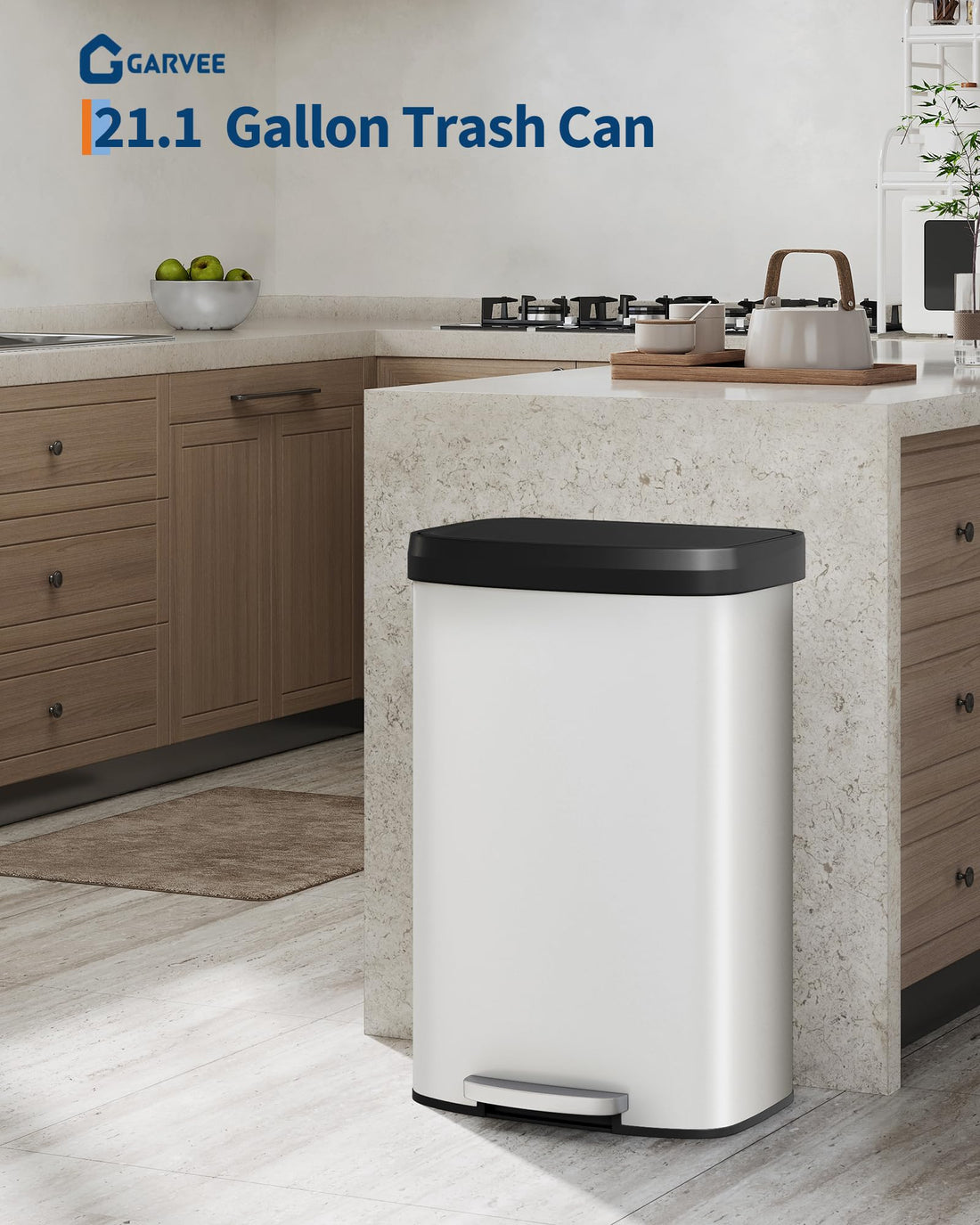 Poubelle métallique Garvee 80 L avec couvercle, antirouille, fermeture amortie, blanche, pour la cuisine et le bureau, compacte et durable