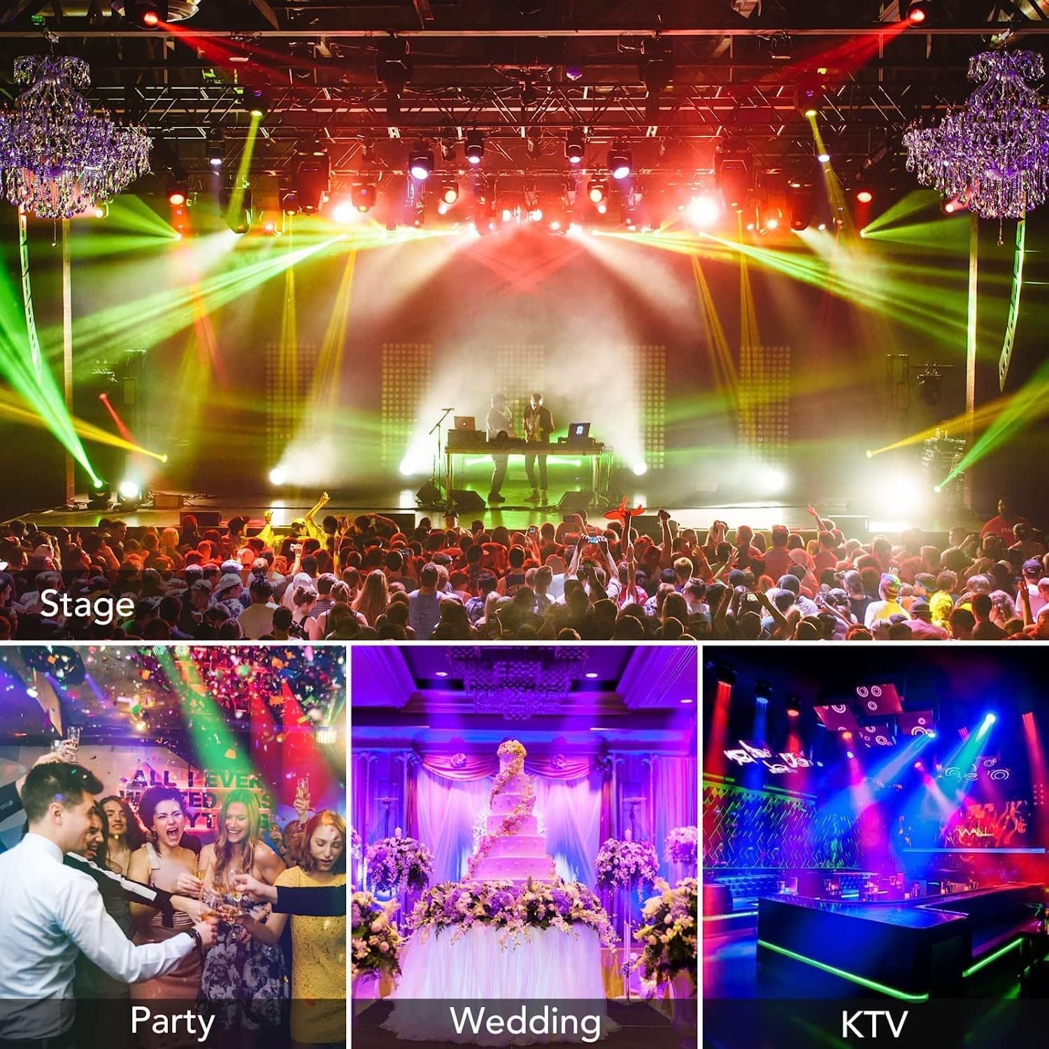 Lot de 4 projecteurs LED GARVEE RGB 36 LED DMX512 activés par le son, support métallique, protection IP20, noir compact, idéal pour soirées disco et scènes.