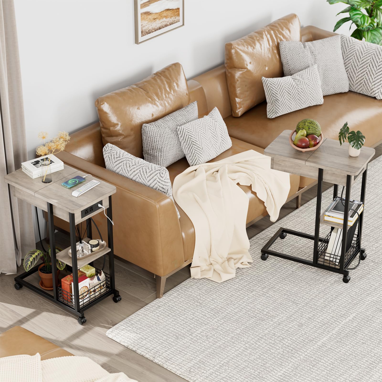 Table d'appoint Garvee en forme de C avec station de charge, ports et prises USB, rangement à 3 niveaux, mélamine grise pour salon et chambre