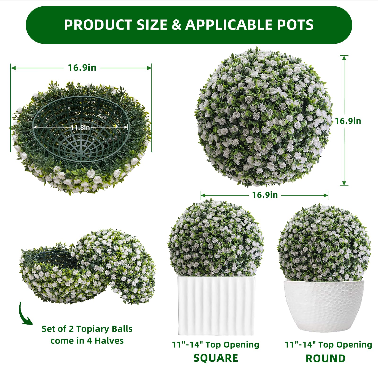 Garvee Lot de 2 Boules de Buis Artificielles 45 cm avec Fleurs, PE Résistant aux UV, pour Mariage et Balcon, Vert Rouge Blanc