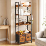 Garvee bibliothèque 5 niveaux avec tiroir tissu, 4 crochets intégrés, structure acier robuste pour salon ou bureau, 157 cm h, marron rustique
